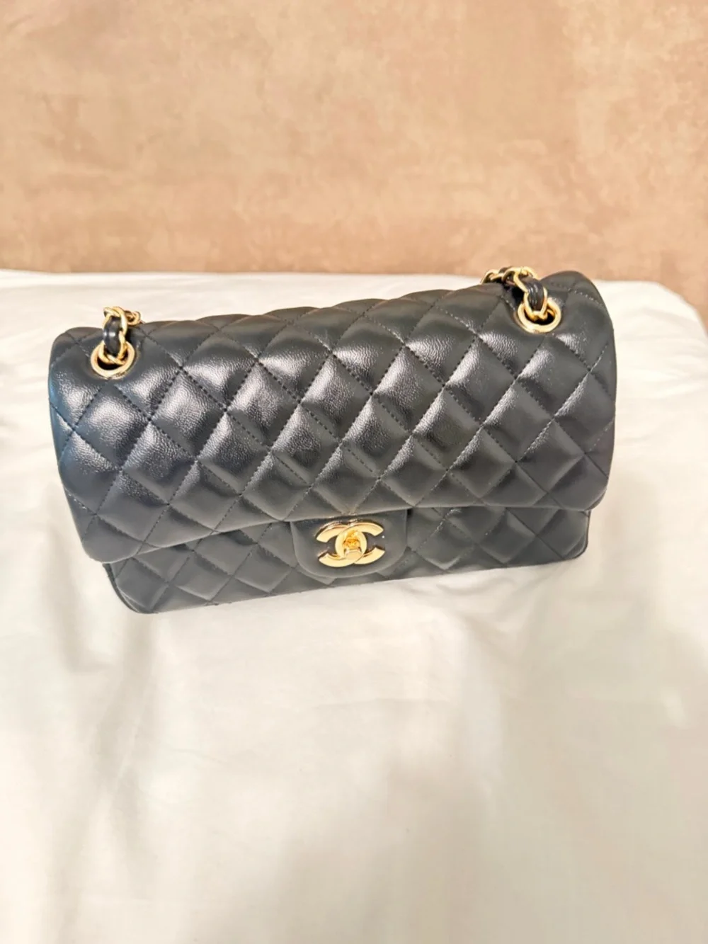 Black Quilted Shoulder Bag with Gold Chain - Picture 3 of 6